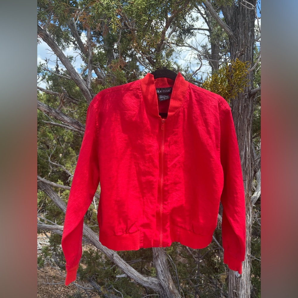 Vintage Silk Club Red Linen Bomber Jacket Zip Up Women’s Medium